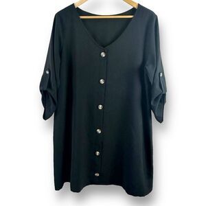 Boutique Women's XL‎ Roll Tab Sleeve Button Down Shirt Dress Black Contemporary